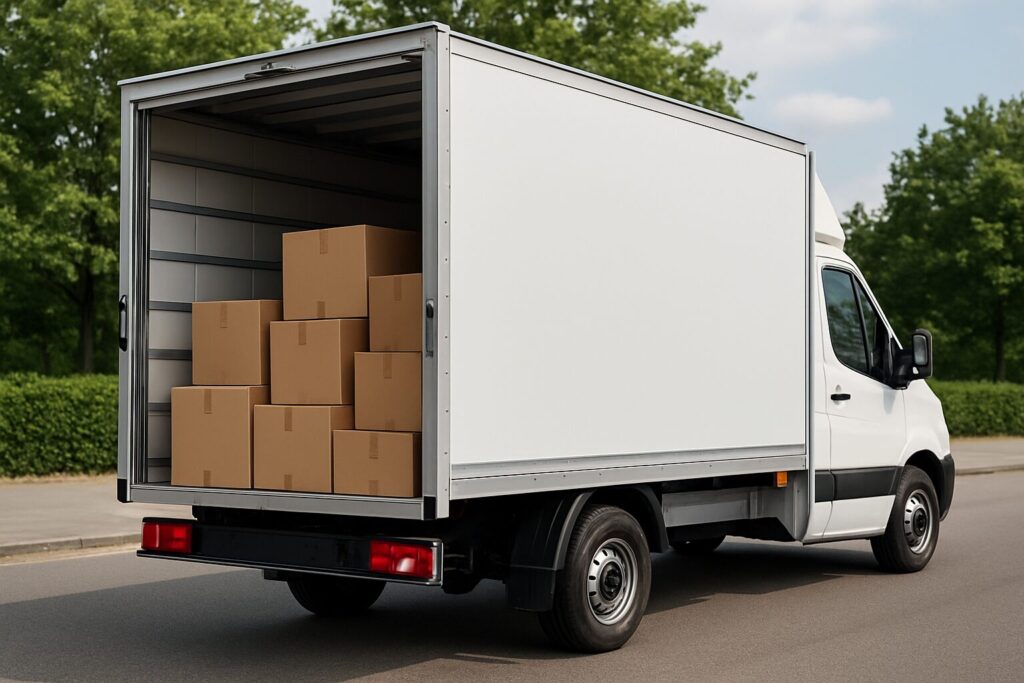 Moving truck with boxes in the back, parked on a road surrounded by greenery.