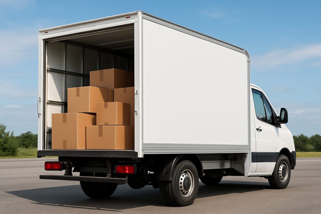 A moving truck filled with brown boxes, parked in an open area under a clear blue sky.