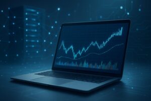 A laptop displaying a stock market graph with abstract technology elements in the background.