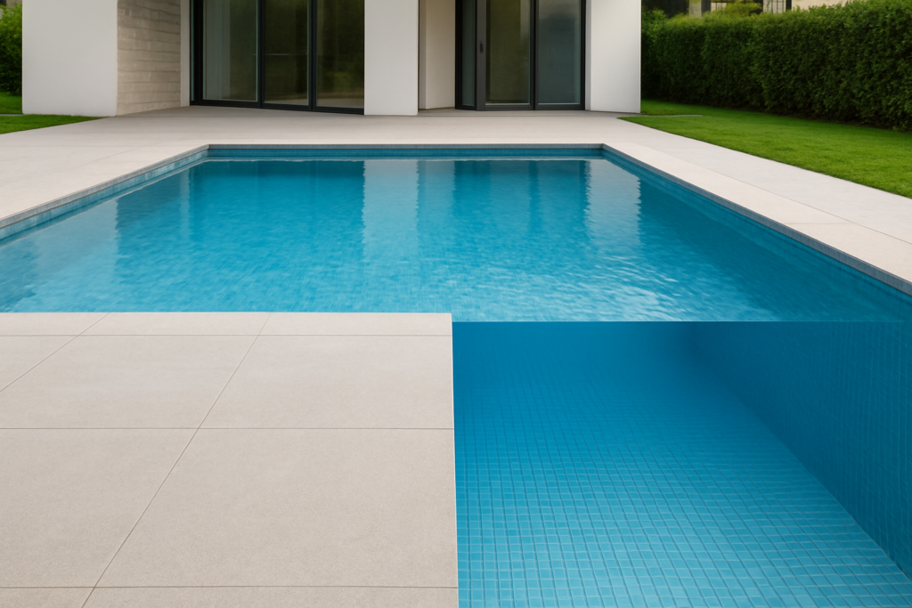 close-up view of a modern swimming pool with turquoise water and surrounding patio area